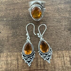 Citrine Yellow Earrings Drop Dangle w Size 9 Ring 925 SS Set